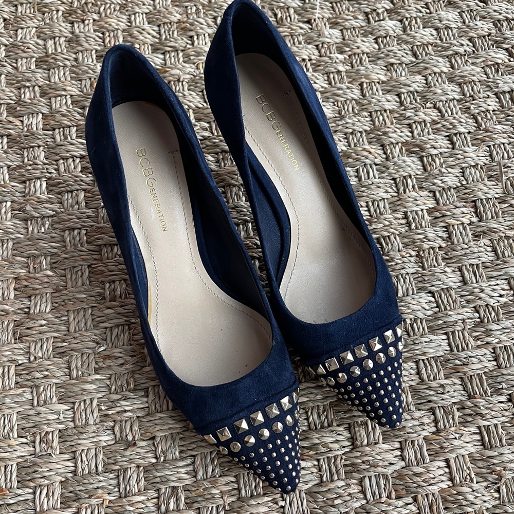 BCBG Studded Navy Suede Heels